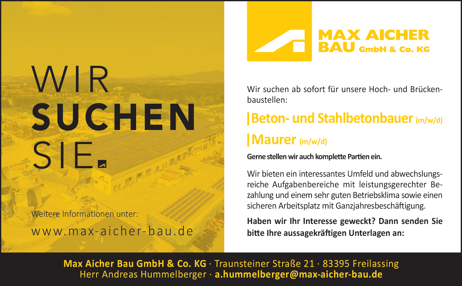 Stellenanzeige Beton- und Stahlbetonbauer (m/w/d), Maurer (m/w/d)